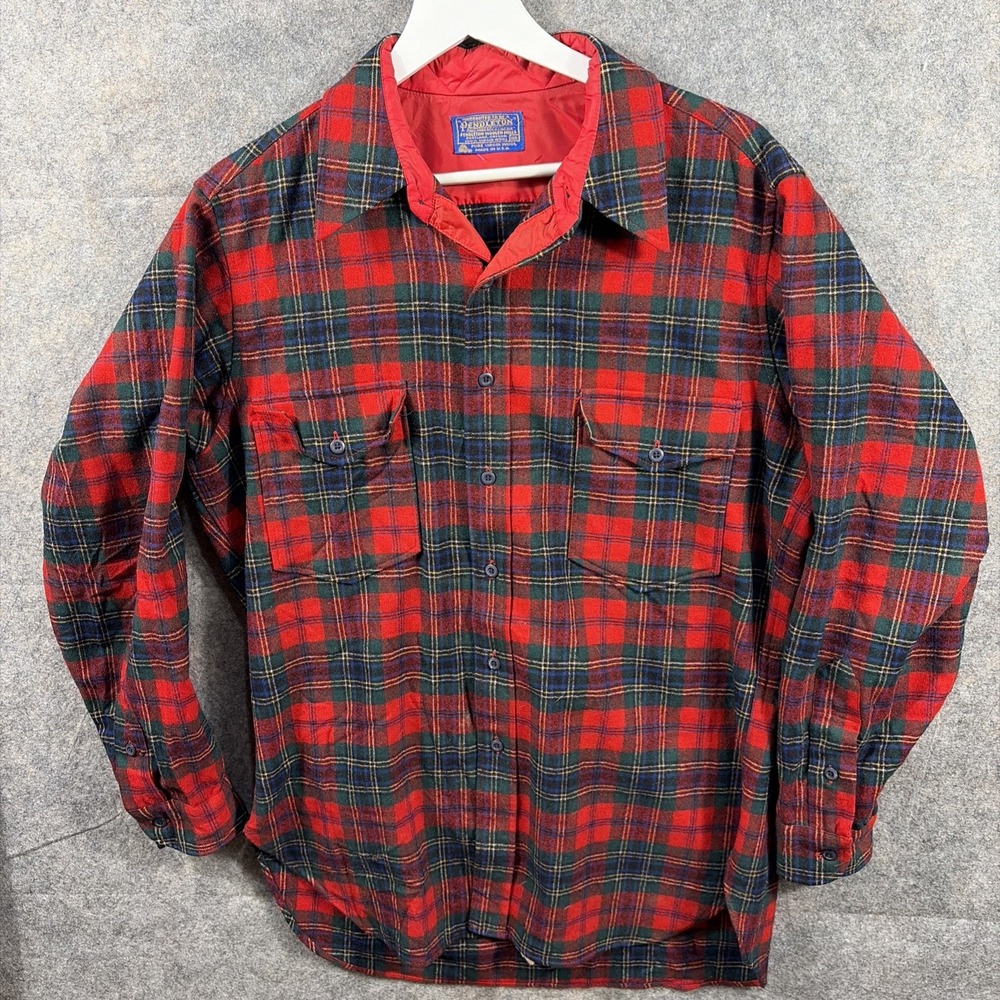 VTG 1970 Pendleton Button Up Flannel Shirt Wool Green Red Plaid Men's Sz 16 1/2